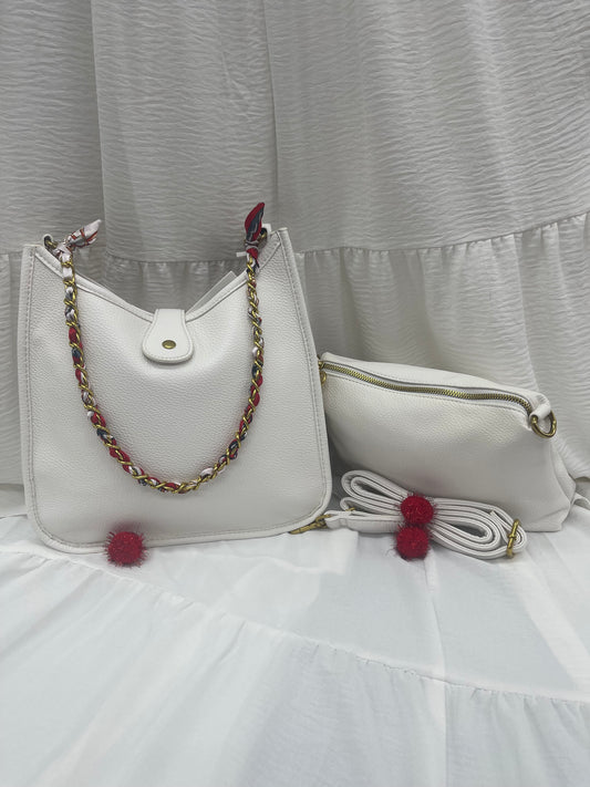 Sac Enrico Coveri blanc avec pompons rouges - Style et sophistication